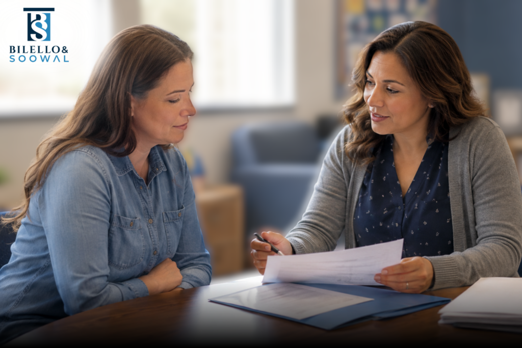 Parent and special education advocate reviewing an IEP document together at a table